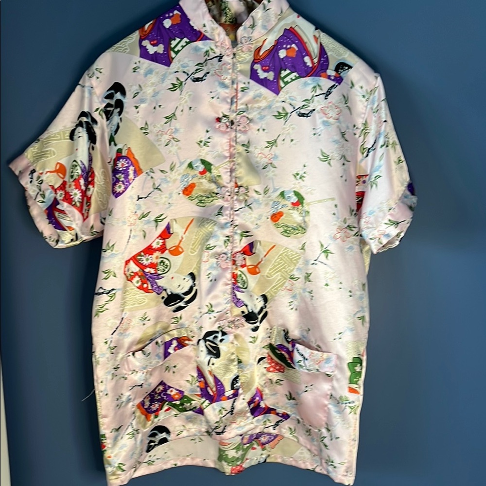 Oriental brand, SF China, vintage Pink/Green Silky Pajama Shirt w Geisha print
